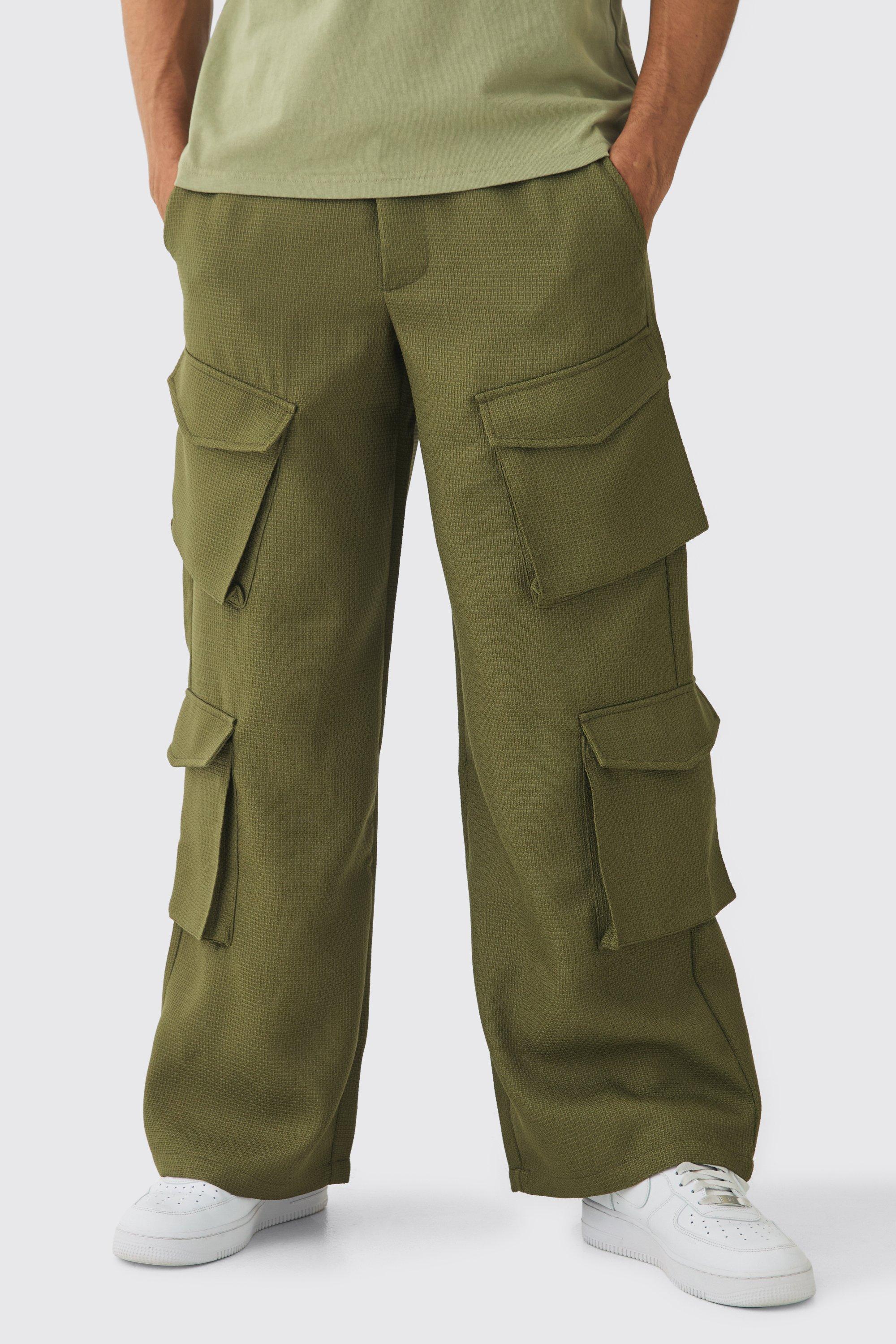 Mens Green Fixed Waist Wide Textured Multi Pocket Cargo Trousers, Green